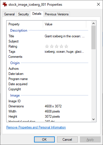 Image properties window